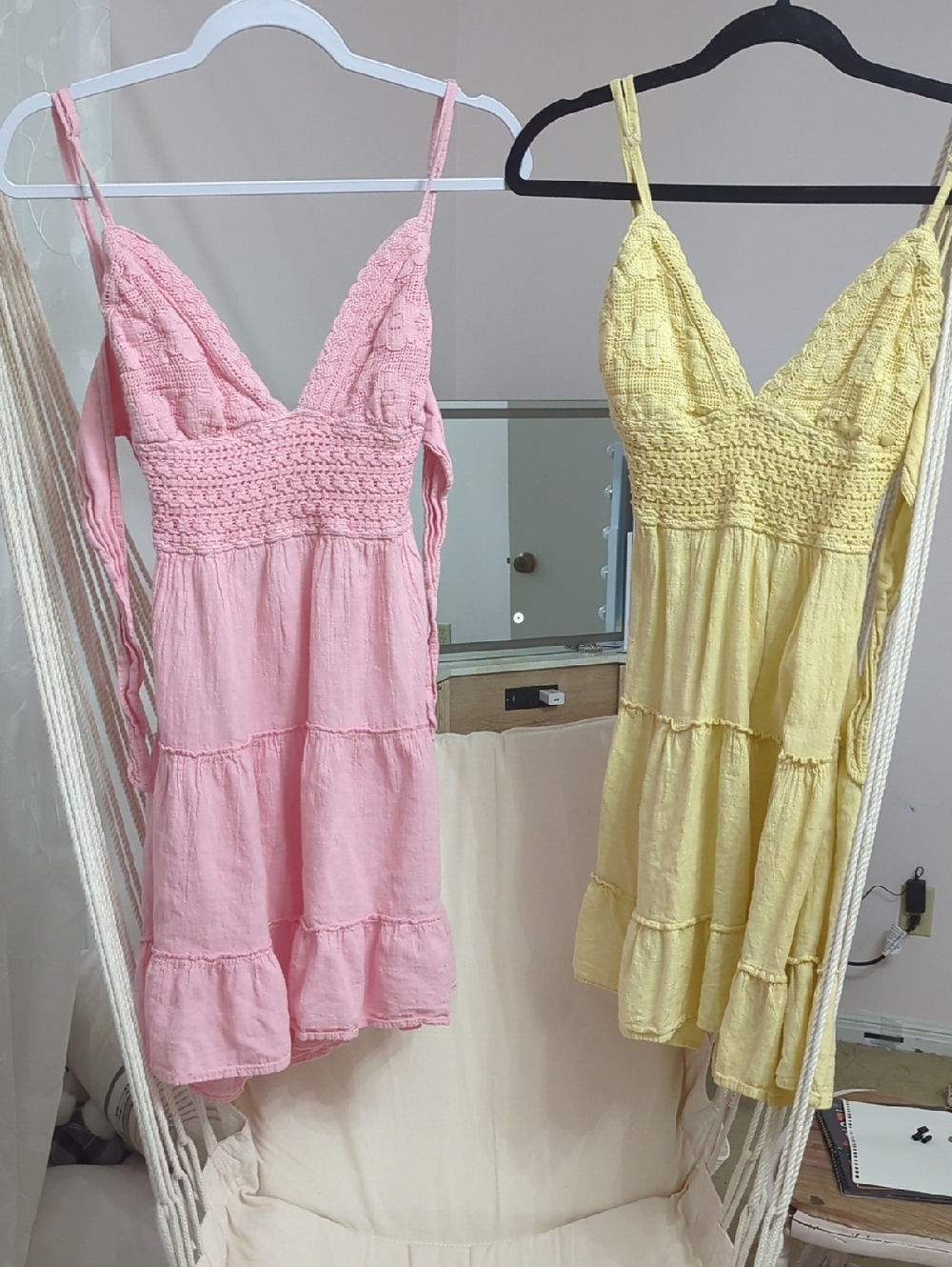 Altar'd State Pink And Yellow Ruffle Strap Sundresses with Cream Trim